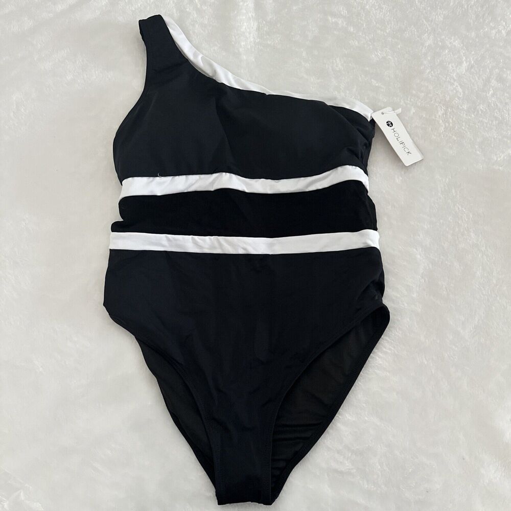 New Holipick Womens Swimsuit Size Large One Piece Shoulder Keyhole Black White
